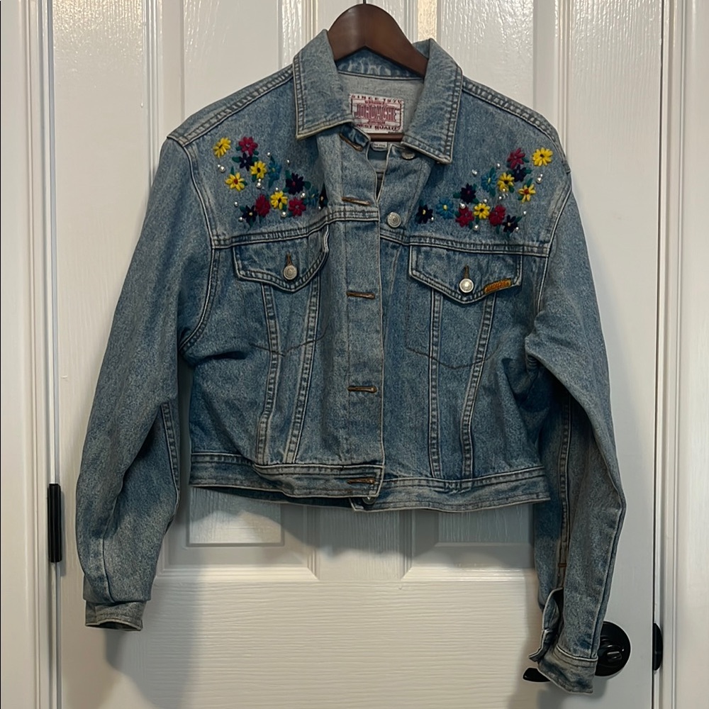 Vintage Jordache Light Blue Denim Jacket with Multicolor Floral Embroidery